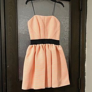 Striped Peach Mini Dress with Black Waistband. Great condition size small